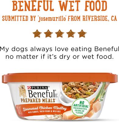 Show full view: Purina Beneful Freshly Prepared Meals Simmered Chicken Medley with Carrots, Green Beans & Wild Rice Wet Dog Food, 10-oz, case of 8 slide 9 of 12