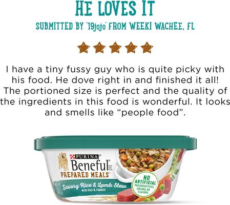 Show full view: Purina Beneful Freshly Prepared Meals Savory Rice & Lamb Stew with Peas & Carrots Wet Dog Food, 10-oz, case of 8 slide 9 of 12