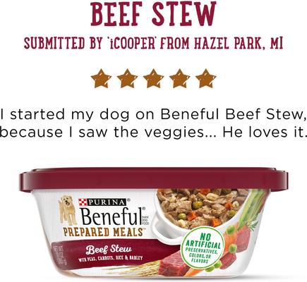 Show full view: Purina Beneful Freshly Prepared Meals Beef Stew with Peas, Carrots, Rice & Barley Wet Dog Food, 10-oz, case of 8 slide 9 of 11