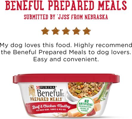 Show full view: Purina Beneful Freshly Prepared Meals Beef & Chicken Medley with Green Beans, Carrots & Wild Rice Wet Dog Food, 10-oz, case of 8 slide 9 of 12