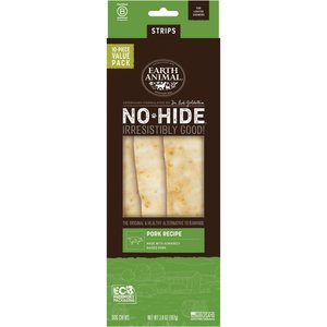 Earth Animal No-Hide Strips Thin Natural Rawhide Alternative Pork Recipe Dog Chew Treat, 10 count