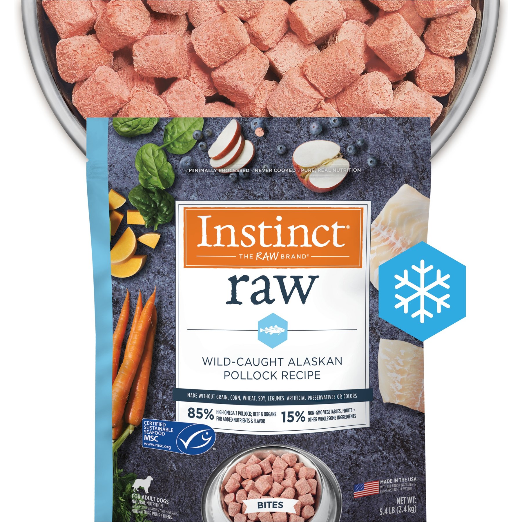 INSTINCT Frozen Raw Bites Grain Free Wild Caught Alaskan Pollock Recipe Fresh Dog Food 5.4 lb bag Chewy