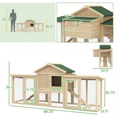 Show full view: PawHut 80-in Elevated Wooden Chicken Coop, Nesting Box, Outdoor Double Runs, Lockable Doors, Natural slide 3 of 9