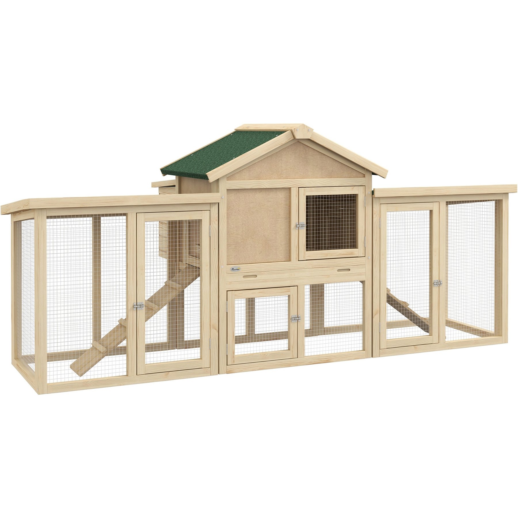 PawHut 80-in Elevated Wooden Chicken Coop, Nesting Box, Outdoor Double Runs, Lockable Doors, Natural