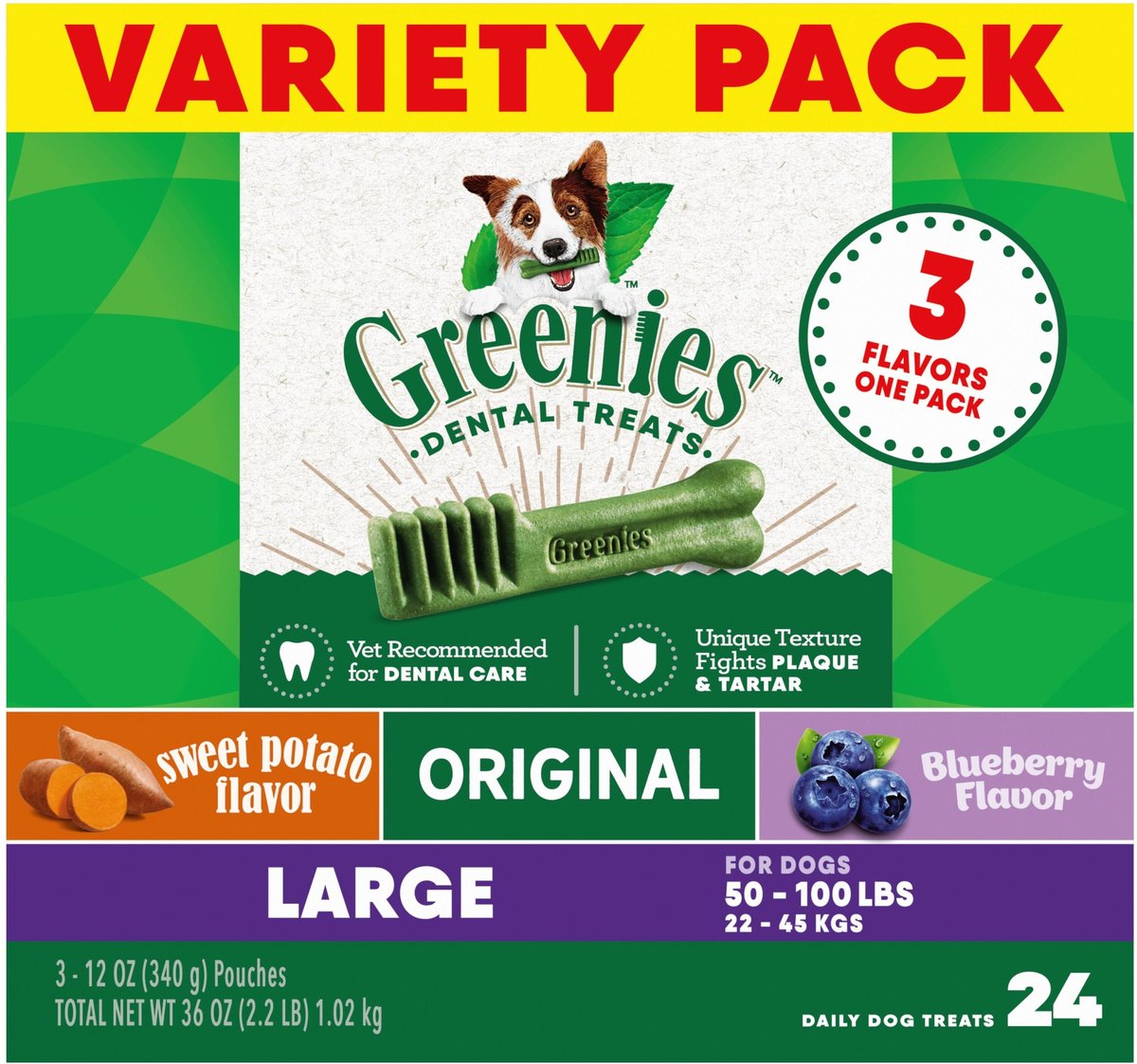 Greenies Natural Dental Care Large Size Sweet Potato Original Chicken Blueberry Dental Dog Treats, 24 count