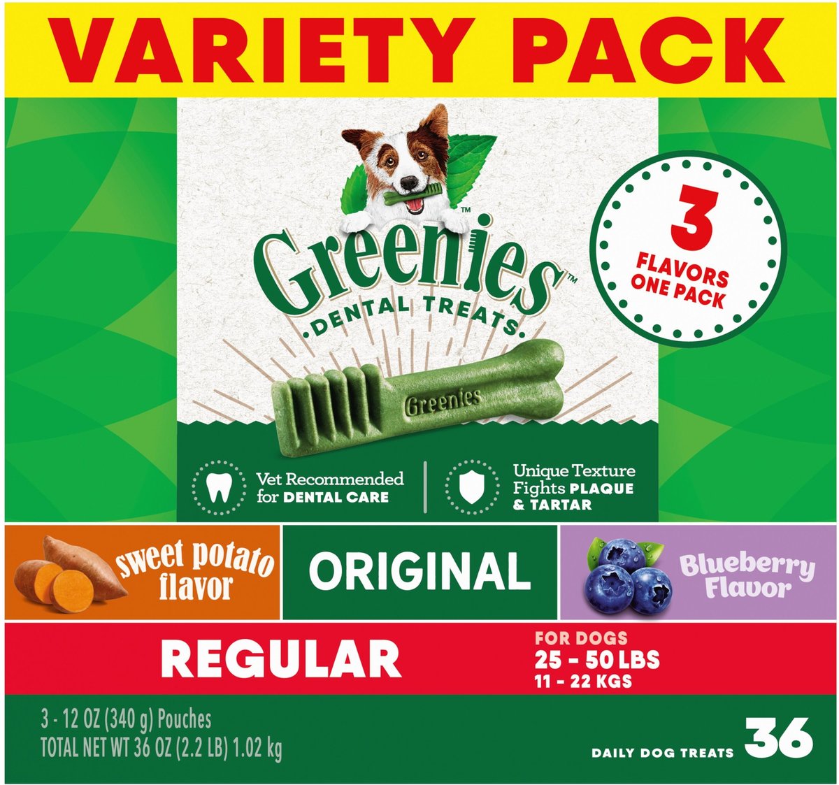Greenies Natural Dental Care Regular Size Sweet Potato Original Chicken & Blueberry Dental Dog Treats, 36 count