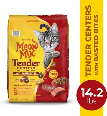 Show full view: Meow Mix Tender Centers Basted Bites Beef & Salmon Flavors Dry Cat Food, 14.2-lb bag slide 3 of 10