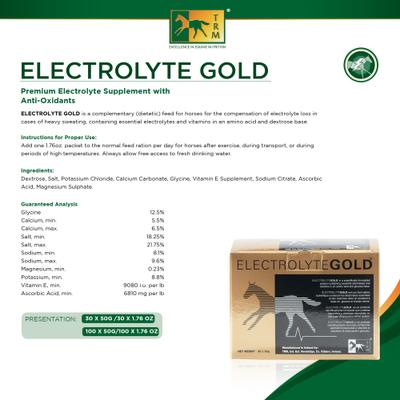 Show full view: TRM Electrolyte Gold Performance Powder Horse Supplement, 1.76-oz, 100 count slide 2 of 2