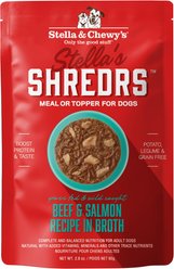 Stella & Chewy's Stella's Shredrs Adult Grain-Free Grass Fed Beef & Wild Caught Salmon Recipe in Broth Wet Dog Food, 2.8-oz pouch, case of 12