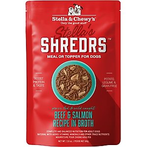 Stella & Chewy's Stella's Shredrs Adult Grain-Free Grass Fed Beef & Wild Caught Salmon Recipe in Broth Wet Dog Food, 2.8-oz pouch, case of 12