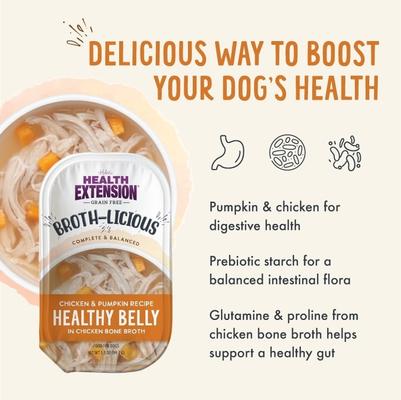 Show full view: Health Extension Broth-Licious Healthy Belly Grain-Free Chicken & Pumpkin in Chicken Bone Broth Wet Dog Food, 3.5-oz tray, case of 12 slide 4 of 9