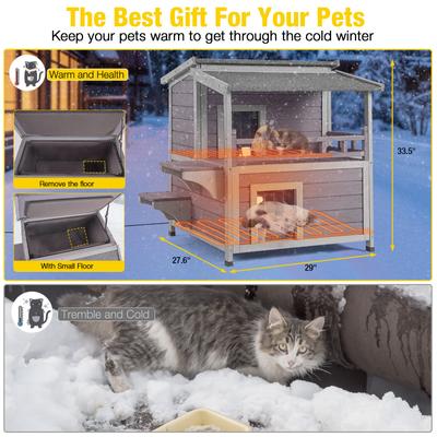 Show full view: Aivituvin 2-Story Wooden Indoor & Outdoor Heated Cat House, Grey slide 6 of 7