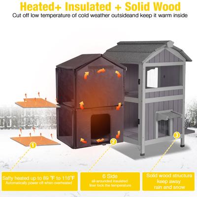 Show full view: Aivituvin 2-Story Wooden Indoor & Outdoor Heated Cat House with Liner, Grey slide 5 of 8