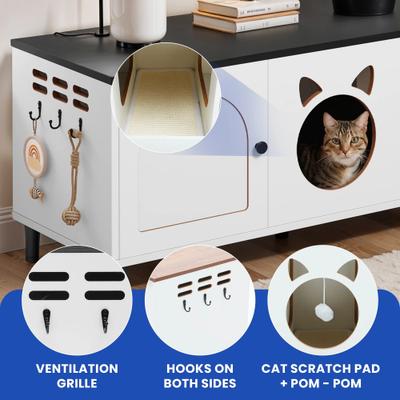 Show full view: Yitahome Dual-Room Wooden Cat Litter Box Enclosure with Scratching Posts, White slide 6 of 10
