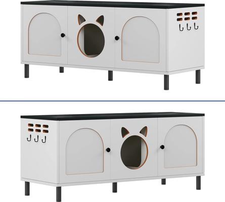 Show full view: Yitahome Dual-Room Wooden Cat Litter Box Enclosure with Scratching Posts, White slide 7 of 10