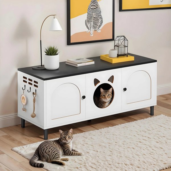 Yitahome Dual-Room Wooden Cat Litter Box Enclosure with Scratching Posts, White