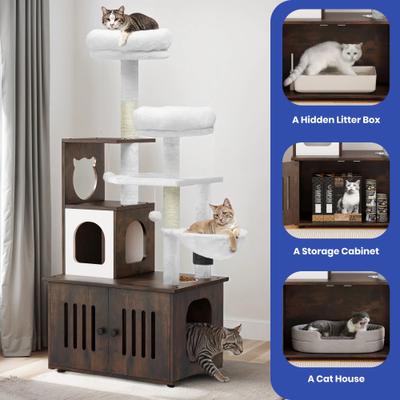 Show full view: Yitahome 2-in-1 59-in Sisal Cat Tree with Litter Box Enclosure, Brown & White slide 5 of 9