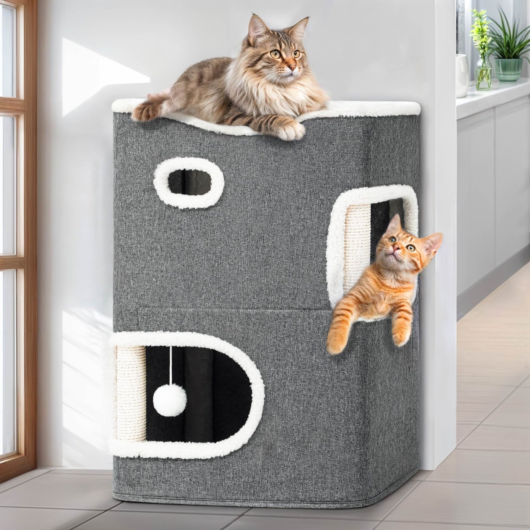 Yitahome 2-Level Cat House with Scratching Post, Grey
