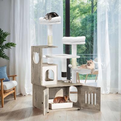 Show full view: Yitahome 2-in-1 59-in Sisal Cat Tree with Litter Box Enclosure, Beige & White slide 2 of 9