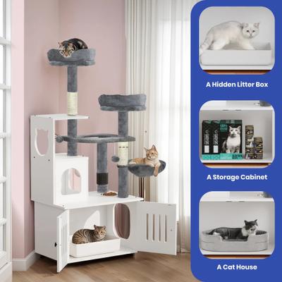 Show full view: Yitahome 2-in-1 59-in Sisal Cat Tree with Litter Box Enclosure, Grey & White slide 4 of 9