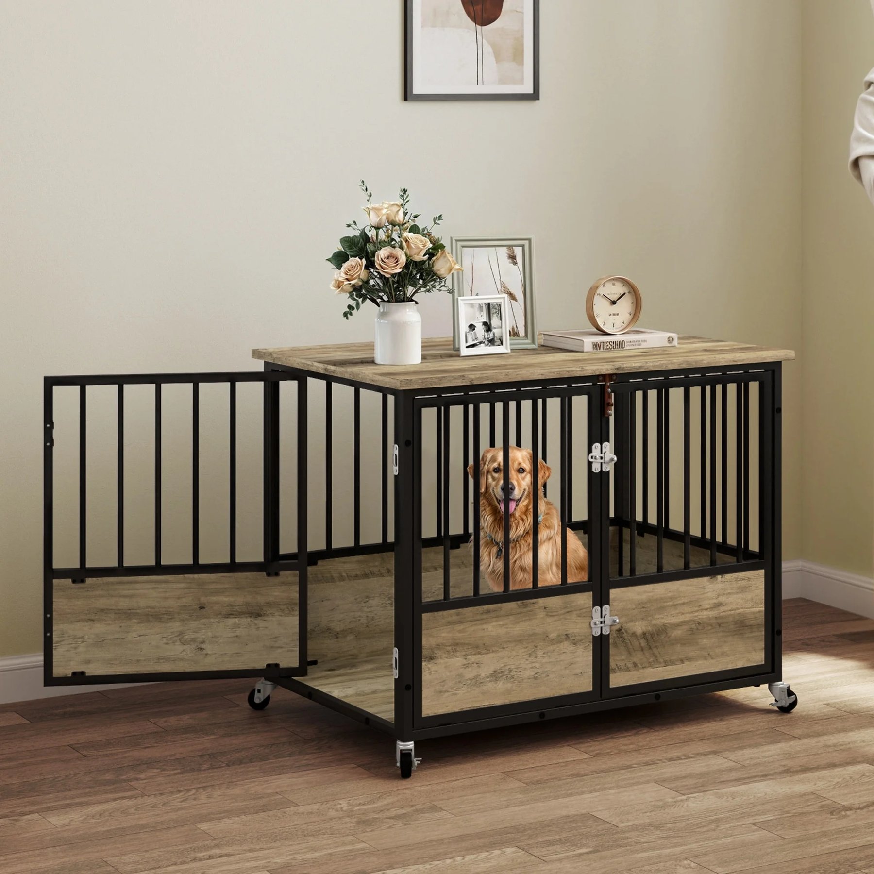 Yitahome Indoor Dog Crate Side Table with Wheels, Beige, 38-in