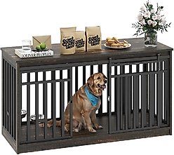 Yitahome Indoor Dog Crate TV Stand with Sliding Door & Dog Bowl, Brown, 55-in
