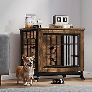 Yitahome Indoor Dog Crate End Table with Double Doors, Brown, 27-in