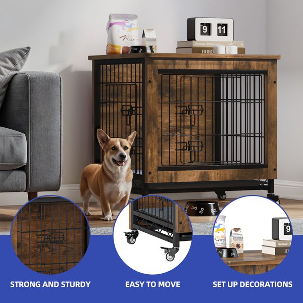 Yitahome Indoor Dog Crate End Table with Double Doors, Brown, 27-in