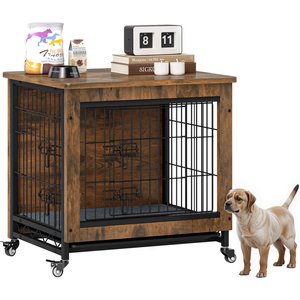 Yitahome Indoor Dog Crate End Table with Double Doors, Brown, 27-in