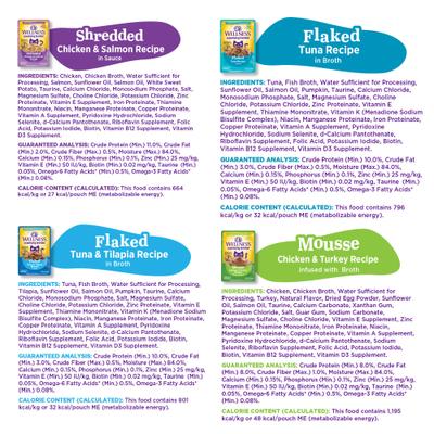 Show full view: Wellness Appetizing Entrees Little-a-This, Little-a-That, Seafood & Poultry Variety Pack Natural Grain-Free Flaked Wet Cat Food, 1.4-oz pouch, case of 8 slide 10 of 12