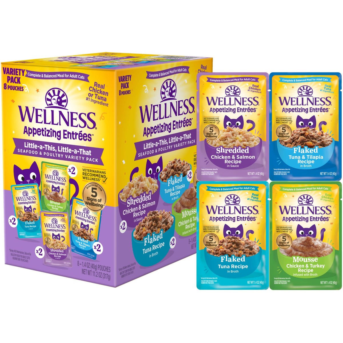 Wellness Appetizing Entrees Little-a-This, Little-a-That Flaked Seafood & Poultry Variety Pack Natural Grain-Free Wet Cat Food, 1.4-oz pouch, case of 8