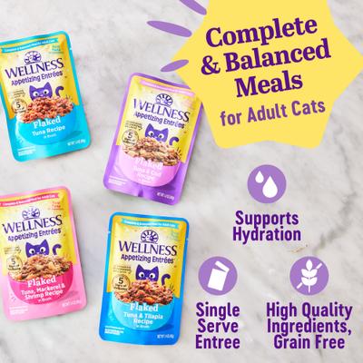 Show full view: Wellness Appetizing Entrees Seafood Variety Pack Natural Grain-Free Flaked Wet Cat Food, 1.4-oz pouch, case of 8 slide 5 of 12