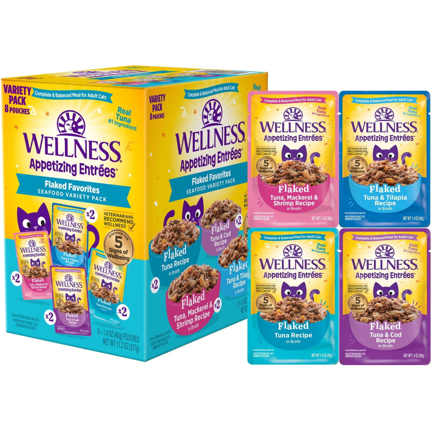 Wellness Appetizing Entrees Flaked Seafood Variety Pack Natural Grain-Free Wet Cat Food, 1.4-oz pouch, case of 8