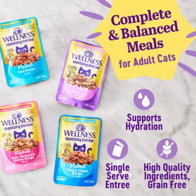 Show full view: Wellness Appetizing Entrees Tuna & Tilapia Natural Grain-Free Flaked Wet Cat Food, 1.4-oz pouch, case of 8 slide 5 of 12