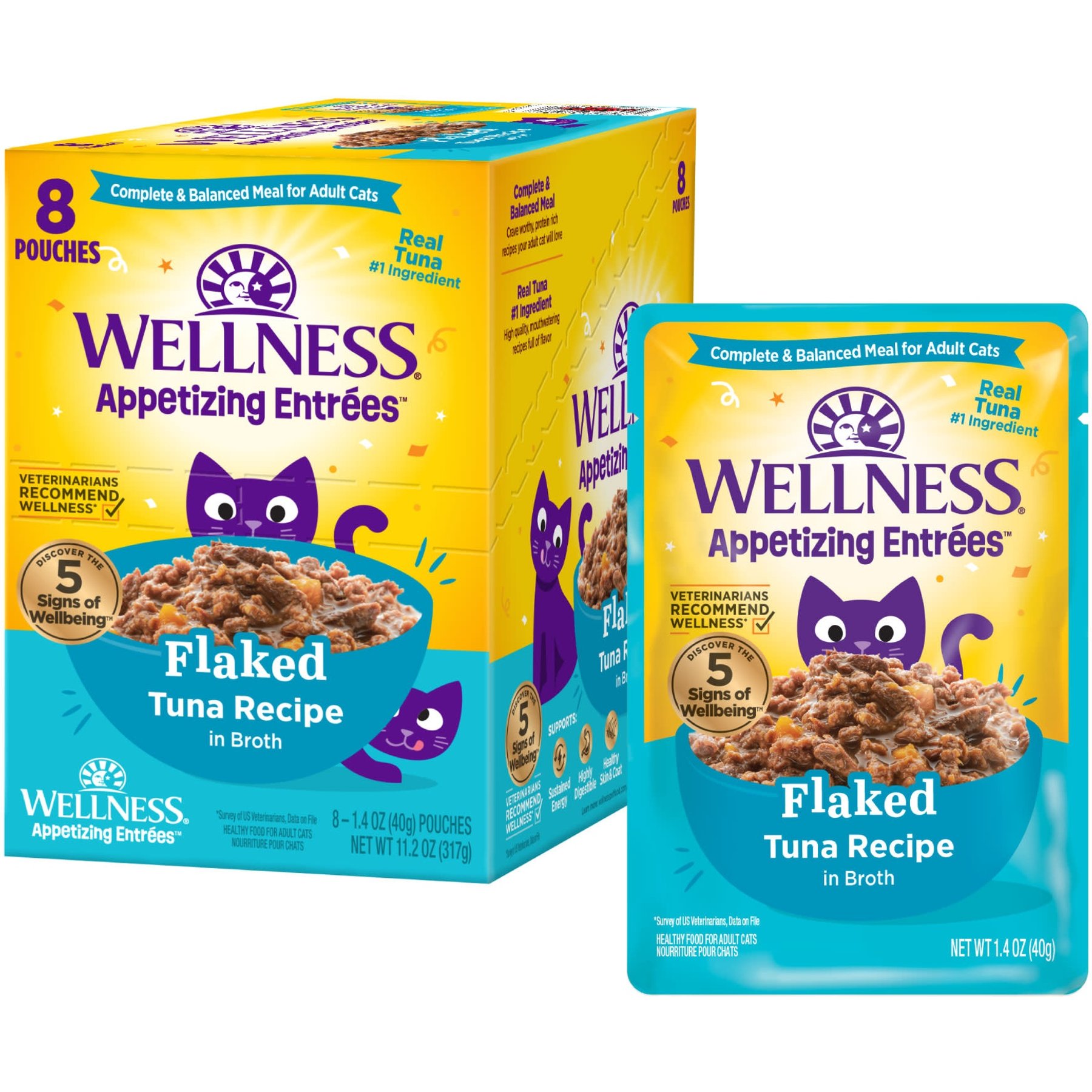 Wellness Appetizing Entrees Flaked Tuna Natural Grain-Free Wet Cat Food, 1.4-oz pouch, case of 8