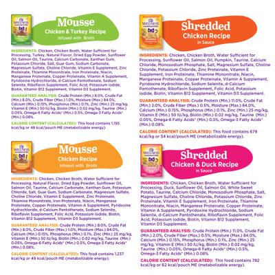 Show full view: Wellness Appetizing Entrees Shredded Poultry Variety Pack Natural Grain-Free Mousse Wet Cat Food, 1.4-oz pouch, case of 8 slide 10 of 12