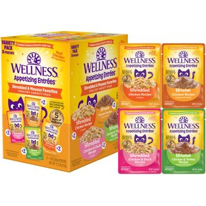 Wellness Appetizing Entrees Shredded Poultry Variety Pack Natural Grain-Free Mousse Wet Cat Food, 1.4-oz pouch, case of 8