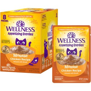 Wellness Appetizing Entrees Infused Chicken Broth Natural Grain-Free Mousse Wet Cat Food, 1.4-oz pouch, case of 8
