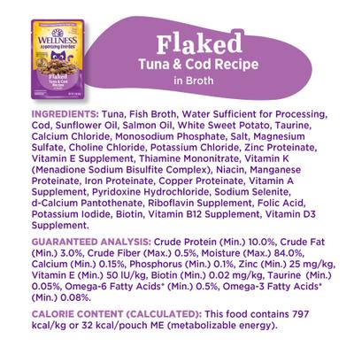 Show full view: Wellness Appetizing Entrees Tuna & Cod Natural Grain-Free Flaked Wet Cat Food, 1.4-oz pouch, case of 8 slide 10 of 12