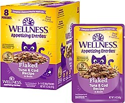Wellness Appetizing Entrees Tuna & Cod Natural Grain-Free Flaked Wet Cat Food, 1.4-oz pouch, case of 8