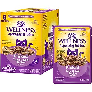 Wellness Appetizing Entrees Tuna & Cod Natural Grain-Free Flaked Wet Cat Food, 1.4-oz pouch, case of 8