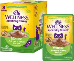 Wellness Appetizing Entrees Infused Chicken & Turkey Broth Natural Grain-Free Mousse Wet Cat Food, 1.4-oz pouch, case of 8 slide 1 of 9