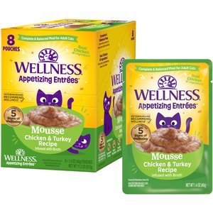 Wellness Appetizing Entrees Infused Chicken & Turkey Broth Natural Grain-Free Mousse Wet Cat Food, 1.4-oz pouch, case of 8