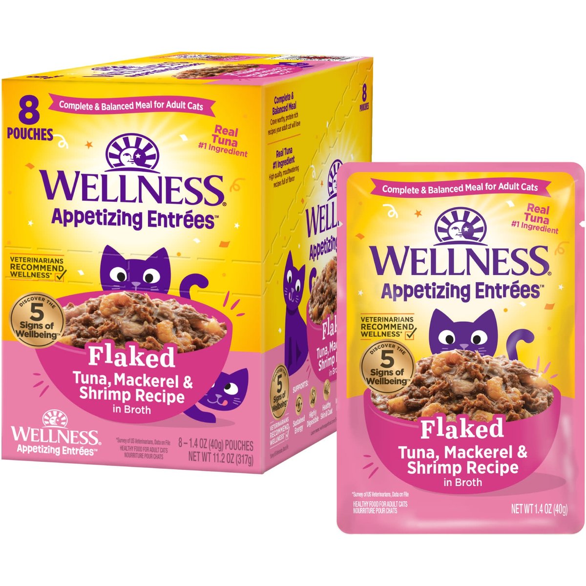 Wellness Appetizing Entrees Flaked Tuna, Mackerel & Shrimp Natural Grain-Free Wet Cat Food, 1.4-oz pouch, case of 8