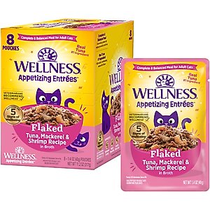 Wellness Appetizing Entrees Tuna, Mackerel & Shrimp Natural Grain-Free Wet Cat Food, 1.4-oz pouch, case of 8