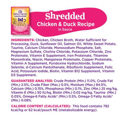 Show full view: Wellness Appetizing Entrees Chicken & Duck Natural Grain-Free Shredded Wet Cat Food, 1.4-oz pouch, case of 8 slide 10 of 12