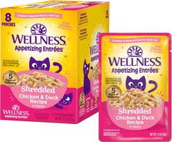 Wellness Appetizing Entrees Chicken & Duck Natural Grain-Free Shredded Wet Cat Food, 1.4-oz pouch, case of 8