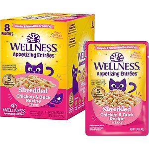 Wellness Appetizing Entrees Chicken & Duck Natural Grain-Free Shredded Wet Cat Food, 1.4-oz pouch, case of 8