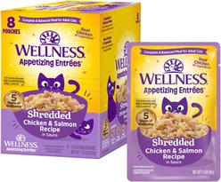 Wellness Appetizing Entrees Chicken & Salmon Natural Grain-Free Shredded Wet Cat Food, 1.4-oz pouch, case of 8
