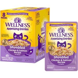 Wellness Appetizing Entrees Chicken & Salmon Natural Grain-Free Shredded Wet Cat Food, 1.4-oz pouch, case of 8